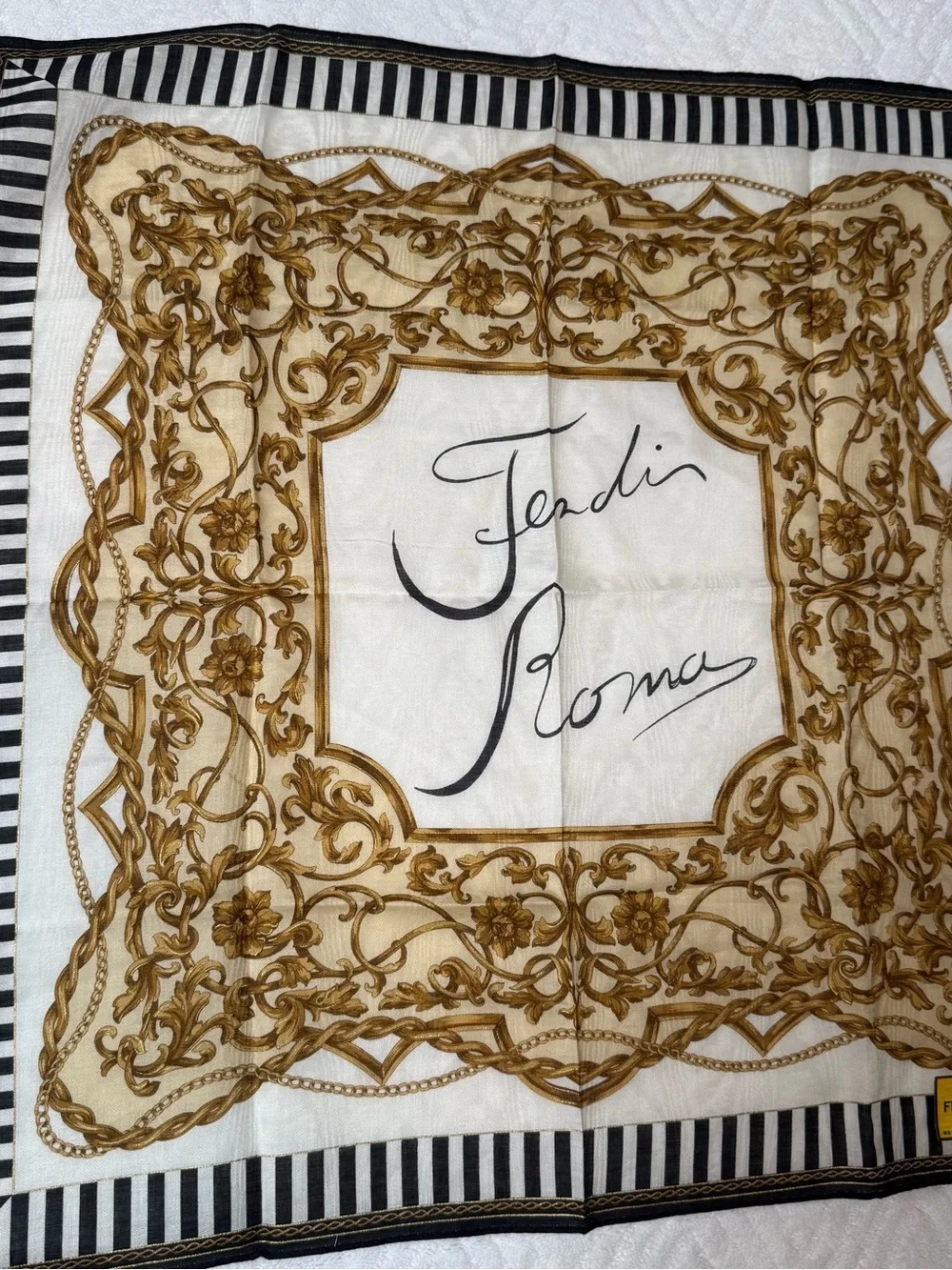 Fendi Black, White and Gold Striped Baroque Silk Scarf